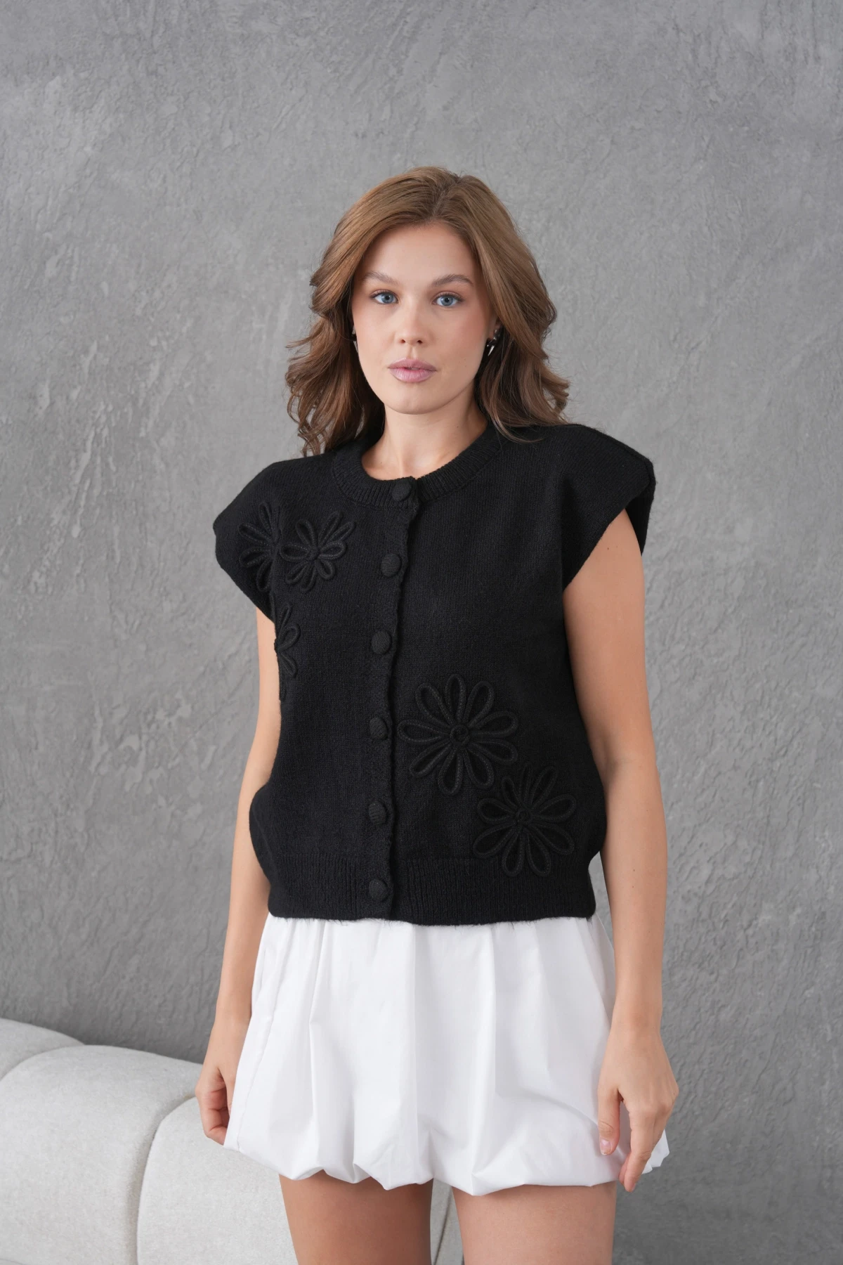 Kadın Bisiklet Yaka Düğme Detay Örgü Desenli Triko Ceket 8602Sw