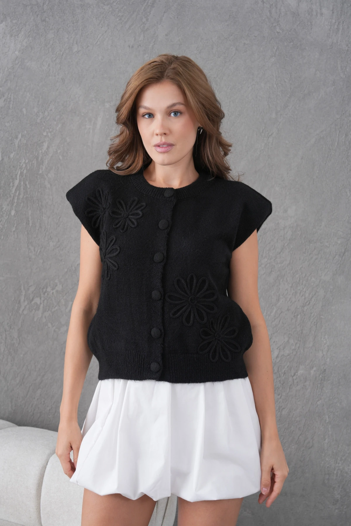 Kadın Bisiklet Yaka Düğme Detay Örgü Desenli Triko Ceket 8602Sw