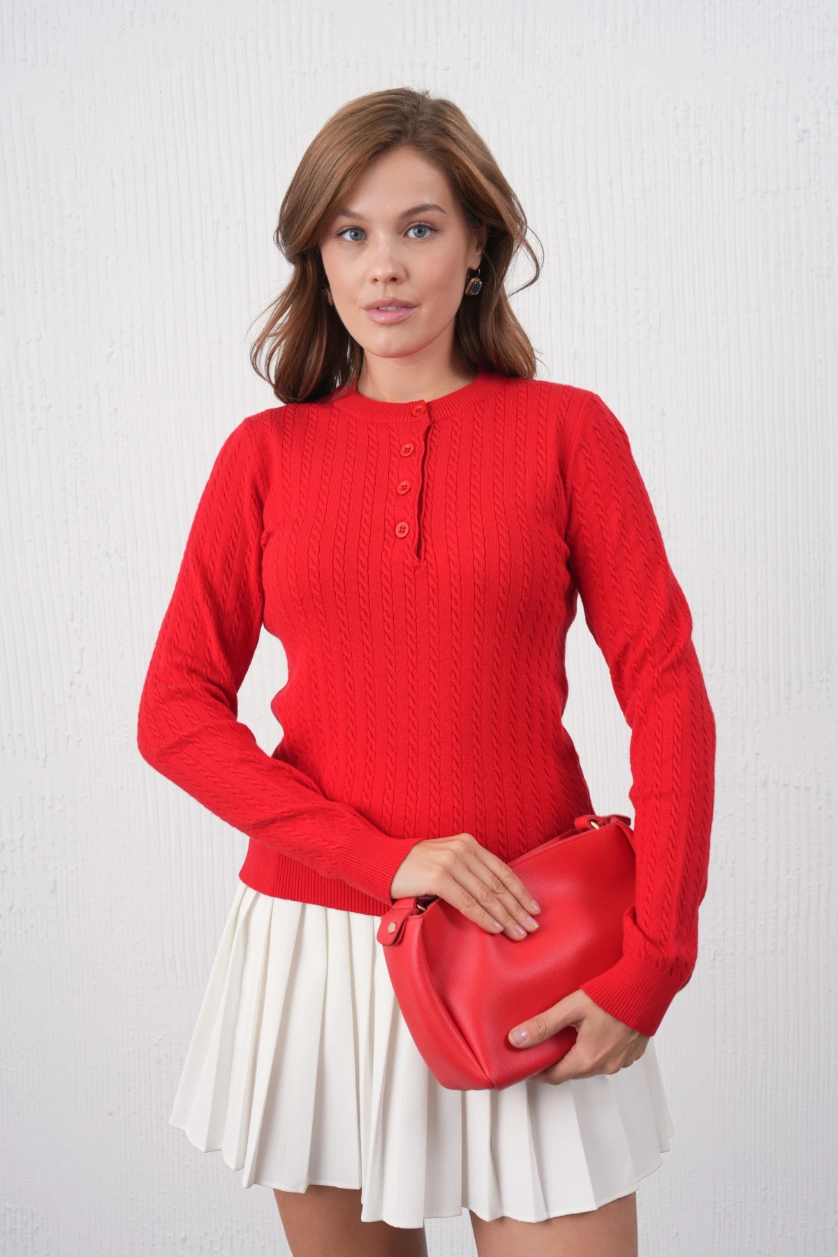 Kadın Bisiklet Yaka Düğme Detay Saç Örgü Premium İplik Triko Kazak 12318