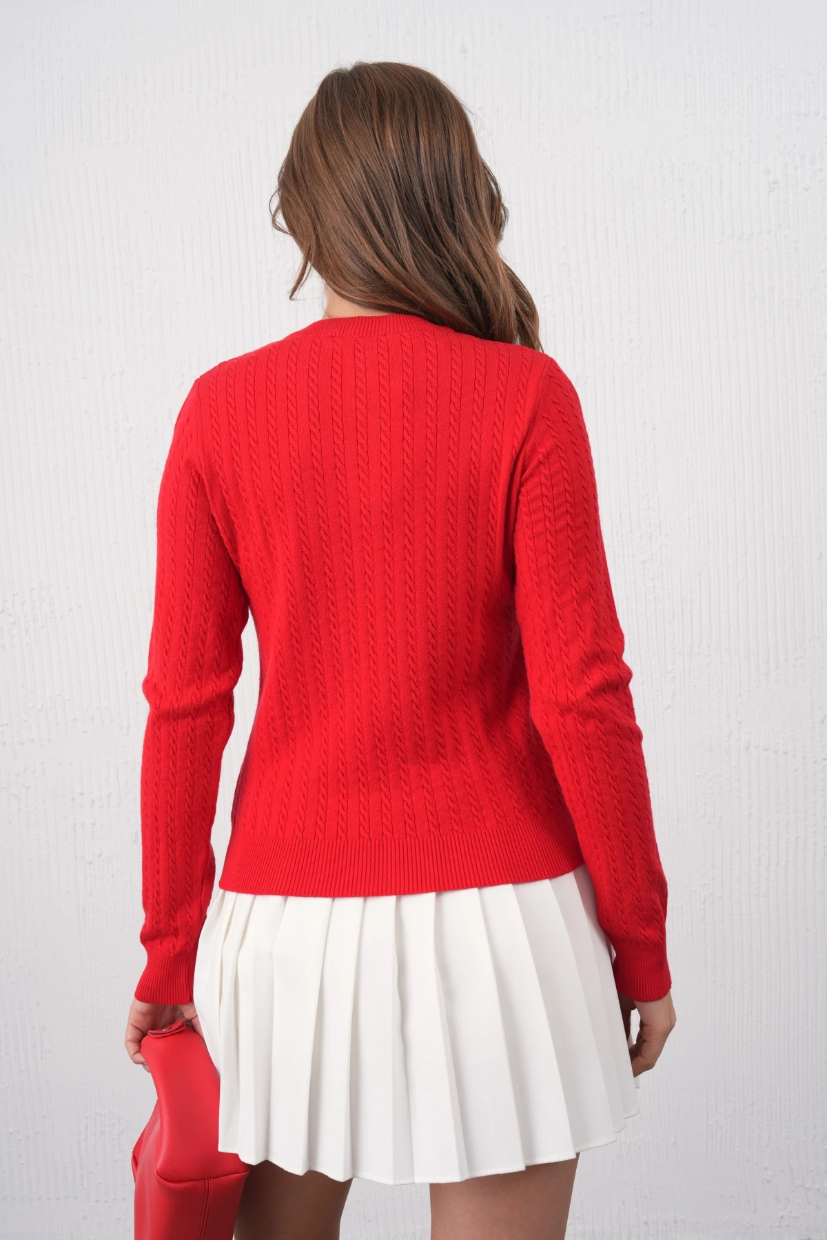 Kadın Bisiklet Yaka Düğme Detay Saç Örgü Premium İplik Triko Kazak 12318