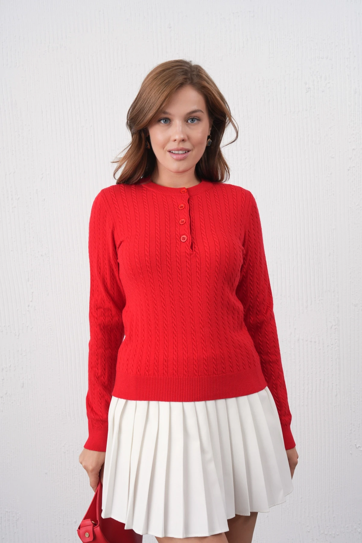 Kadın Bisiklet Yaka Düğme Detay Saç Örgü Premium İplik Triko Kazak 12318