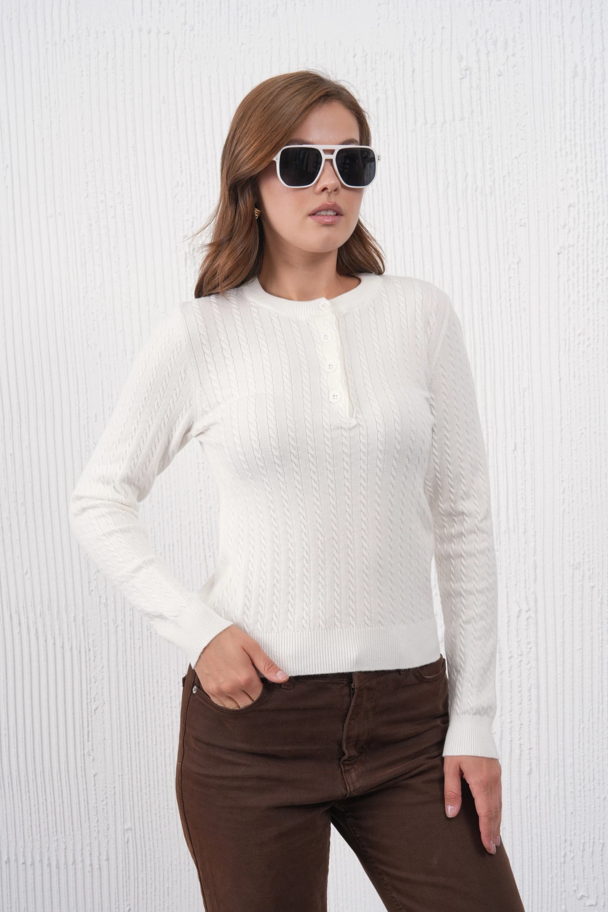 Kadın Bisiklet Yaka Düğme Detay Saç Örgü Premium İplik Triko Kazak 12318