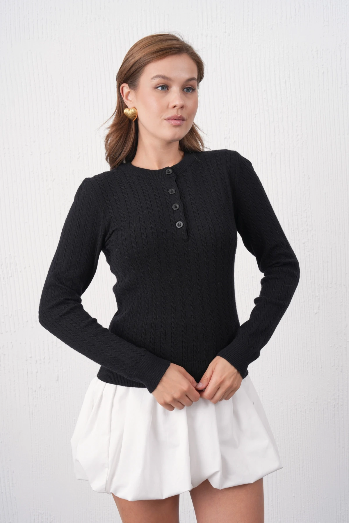 Kadın Bisiklet Yaka Düğme Detay Saç Örgü Premium İplik Triko Kazak 12318