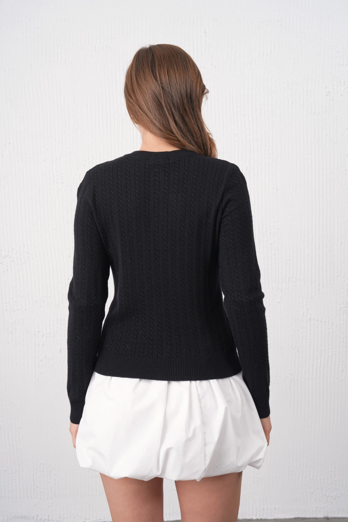 Kadın Bisiklet Yaka Düğme Detay Saç Örgü Premium İplik Triko Kazak 12318