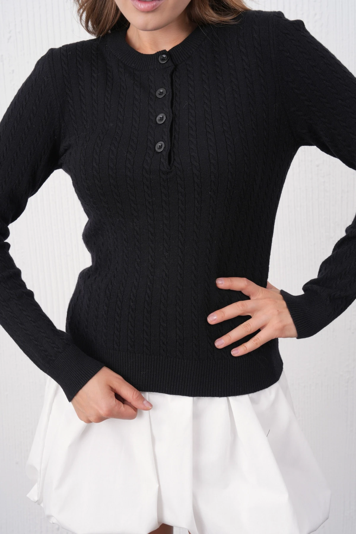 Kadın Bisiklet Yaka Düğme Detay Saç Örgü Premium İplik Triko Kazak 12318