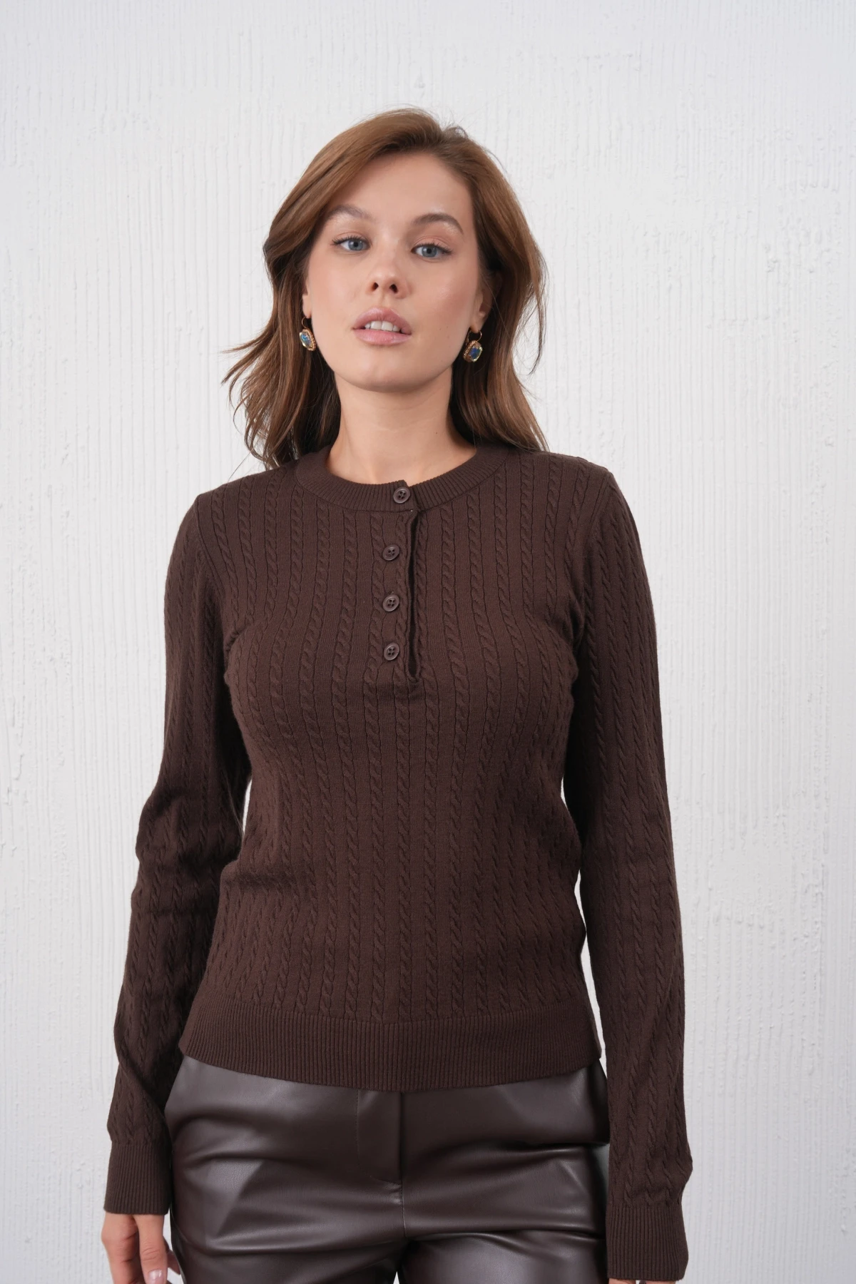 Kadın Bisiklet Yaka Düğme Detay Saç Örgü Premium İplik Triko Kazak 12318