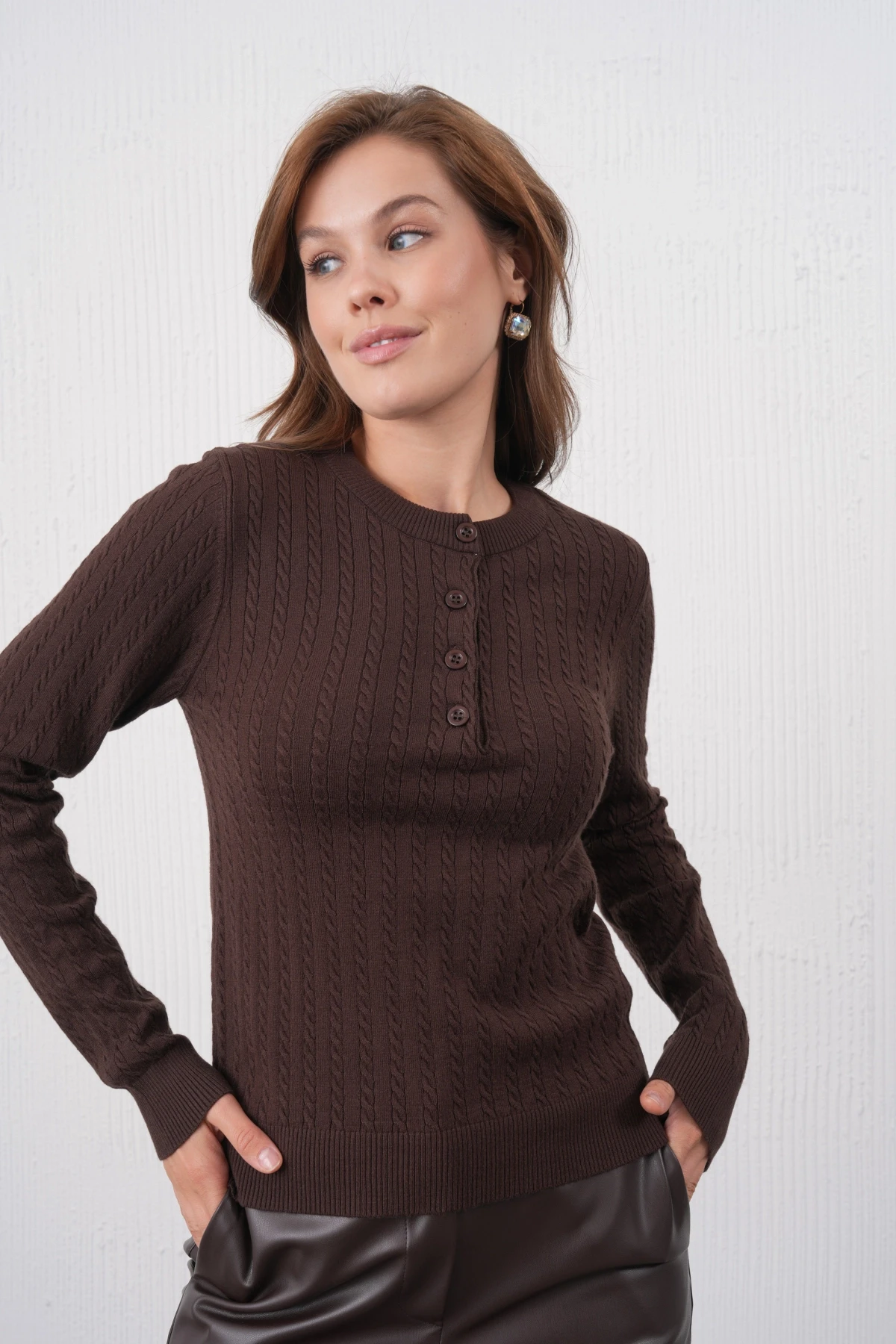 Kadın Bisiklet Yaka Düğme Detay Saç Örgü Premium İplik Triko Kazak 12318