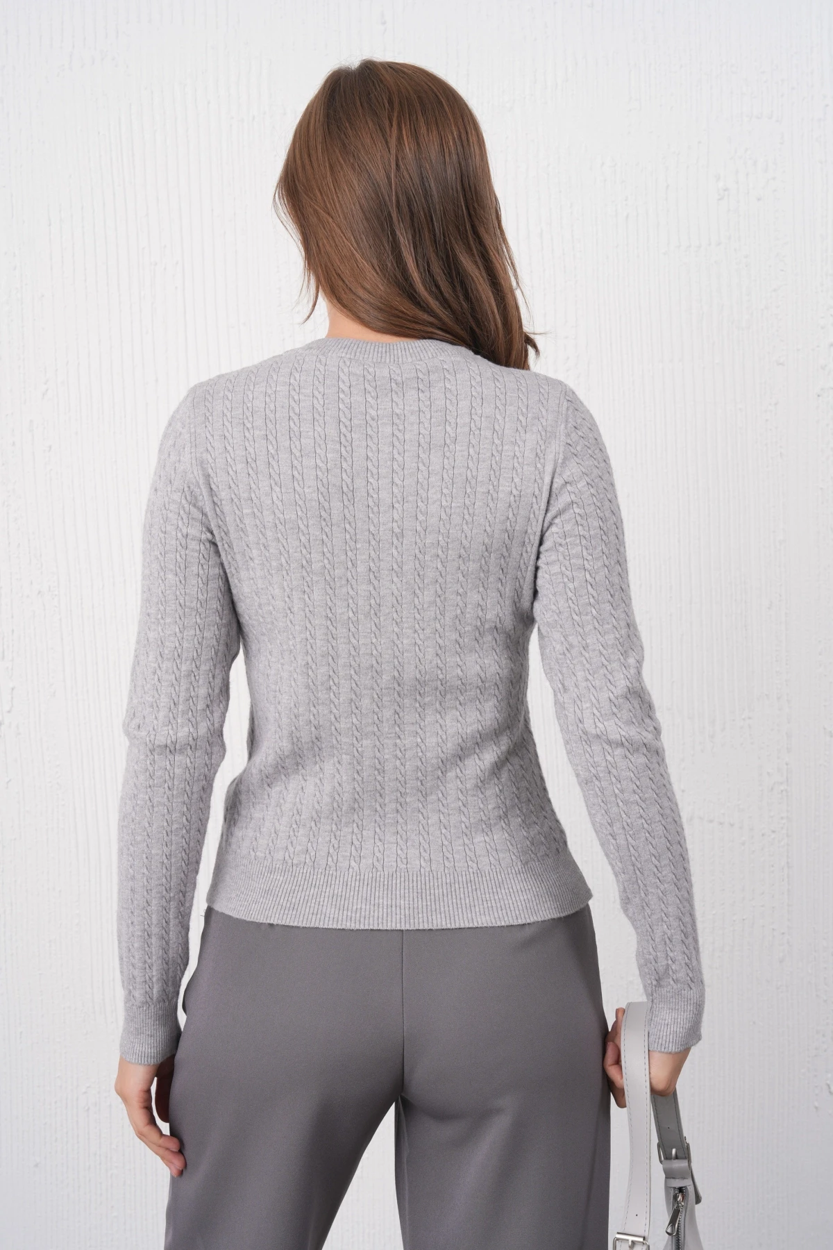 Kadın Bisiklet Yaka Düğme Detay Saç Örgü Premium İplik Triko Kazak 12318