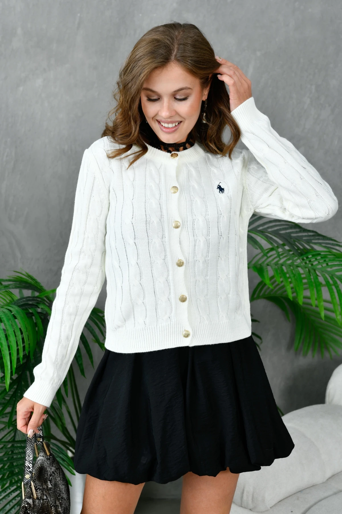 Kadın Bisiklet Yaka Düğme Detay Saç Örgü Triko Ceket 8388