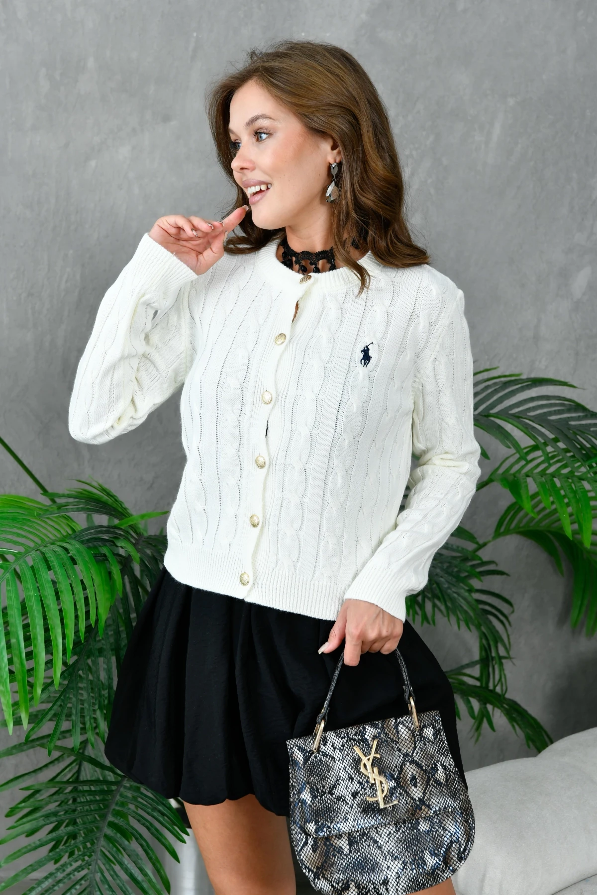 Kadın Bisiklet Yaka Düğme Detay Saç Örgü Triko Ceket 8388