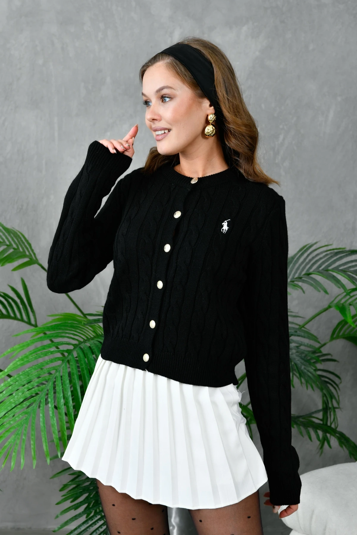 Kadın Bisiklet Yaka Düğme Detay Saç Örgü Triko Ceket 8388