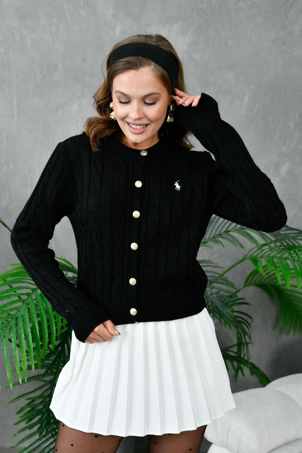 Kadın Bisiklet Yaka Düğme Detay Saç Örgü Triko Ceket 8388