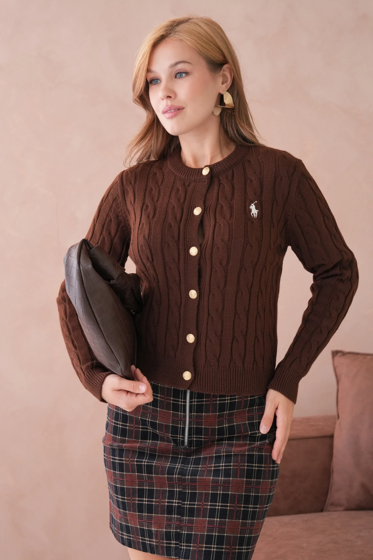 Kadın Bisiklet Yaka Düğme Detay Saç Örgü Triko Ceket 8388