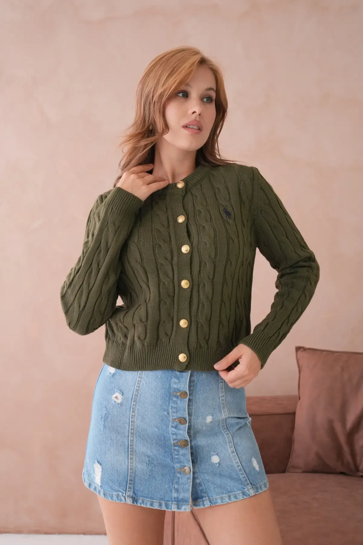 Kadın Bisiklet Yaka Düğme Detay Saç Örgü Triko Ceket 8388