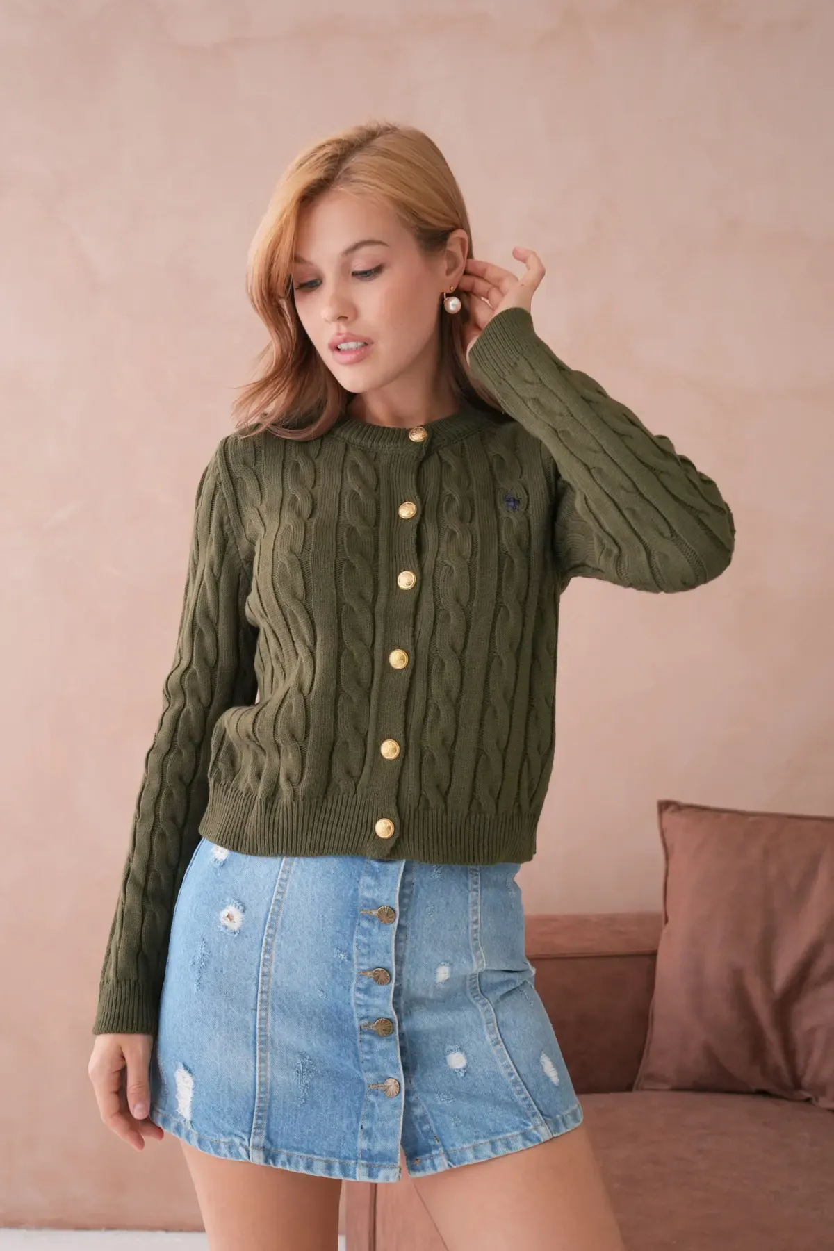 Kadın Bisiklet Yaka Düğme Detay Saç Örgü Triko Ceket 8388