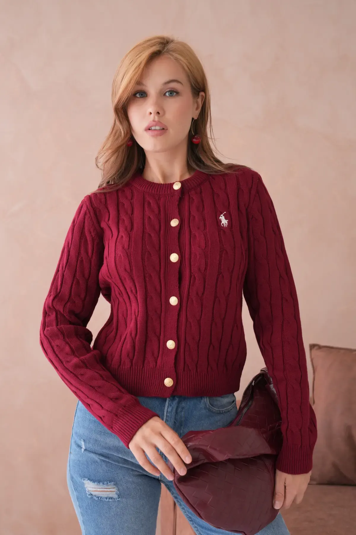 Kadın Bisiklet Yaka Düğme Detay Saç Örgü Triko Ceket 8388