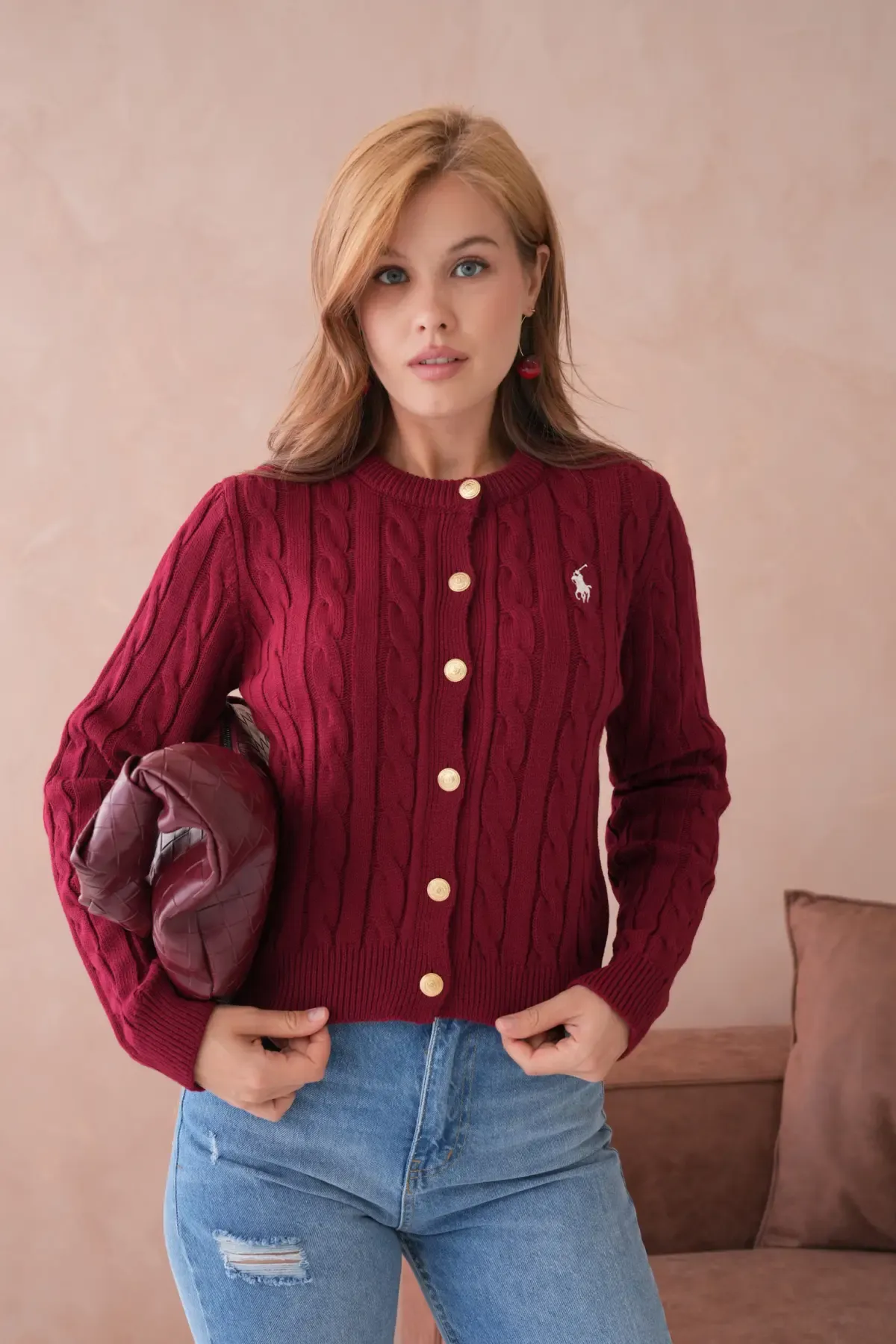 Kadın Bisiklet Yaka Düğme Detay Saç Örgü Triko Ceket 8388