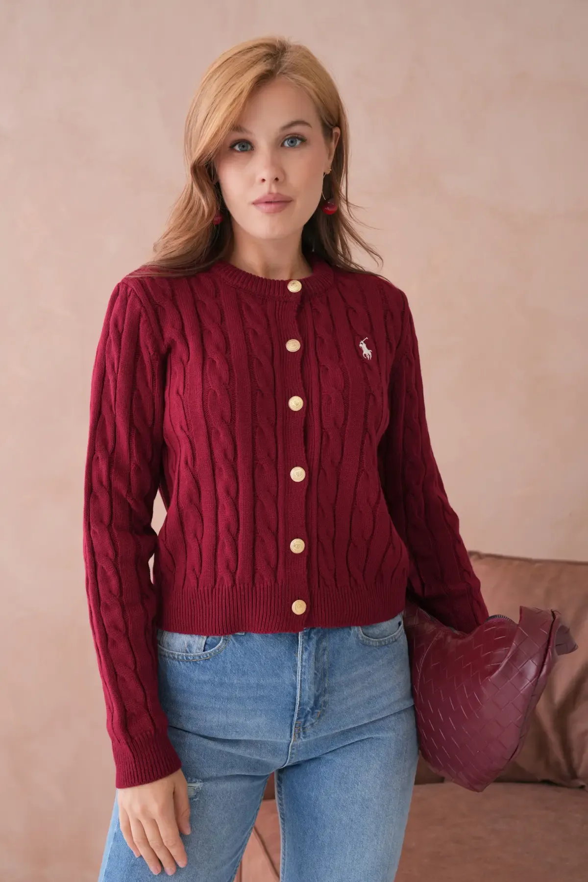 Kadın Bisiklet Yaka Düğme Detay Saç Örgü Triko Ceket 8388