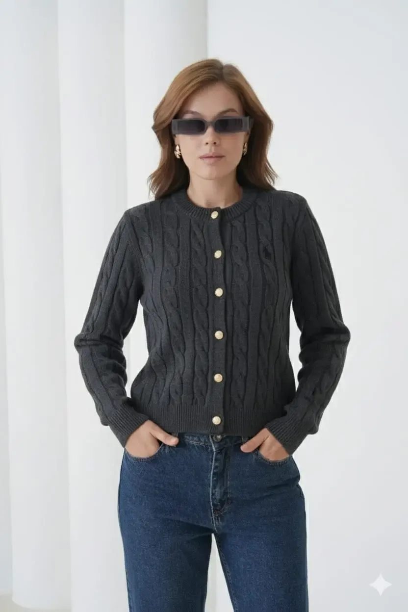 Kadın Bisiklet Yaka Düğme Detay Saç Örgü Triko Ceket 8388