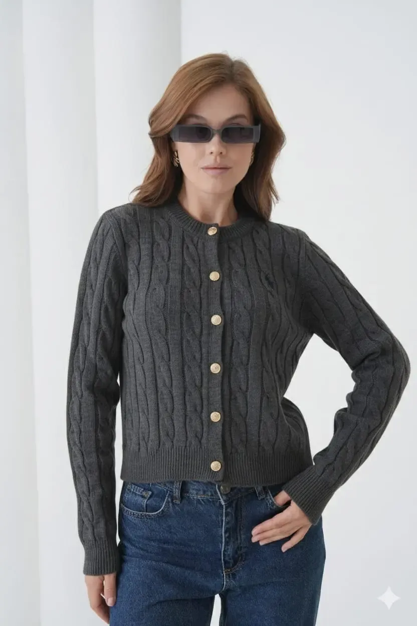 Kadın Bisiklet Yaka Düğme Detay Saç Örgü Triko Ceket 8388