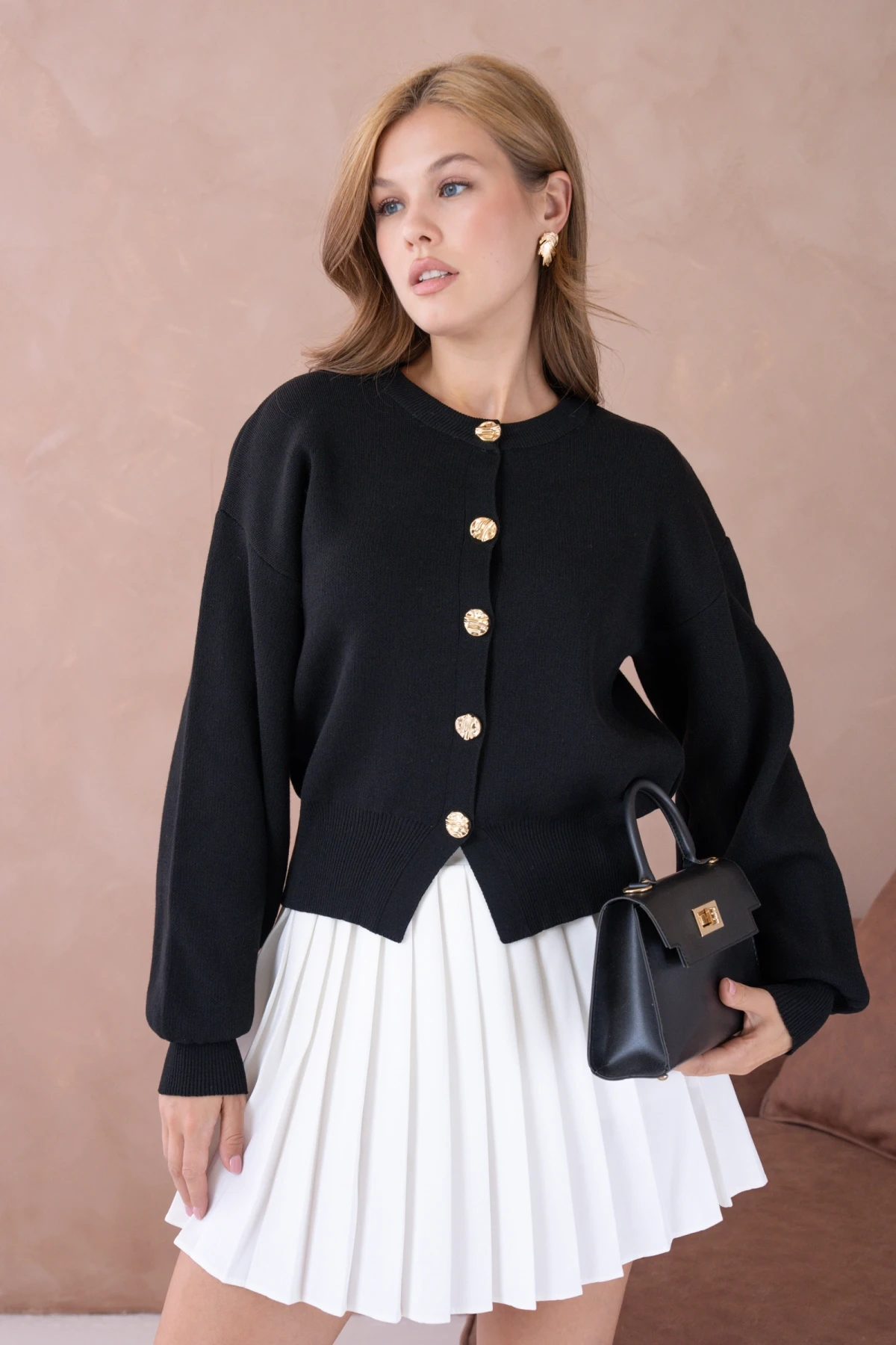 Kadın Bisiklet Yaka Düğme Detaylı Triko Hırka