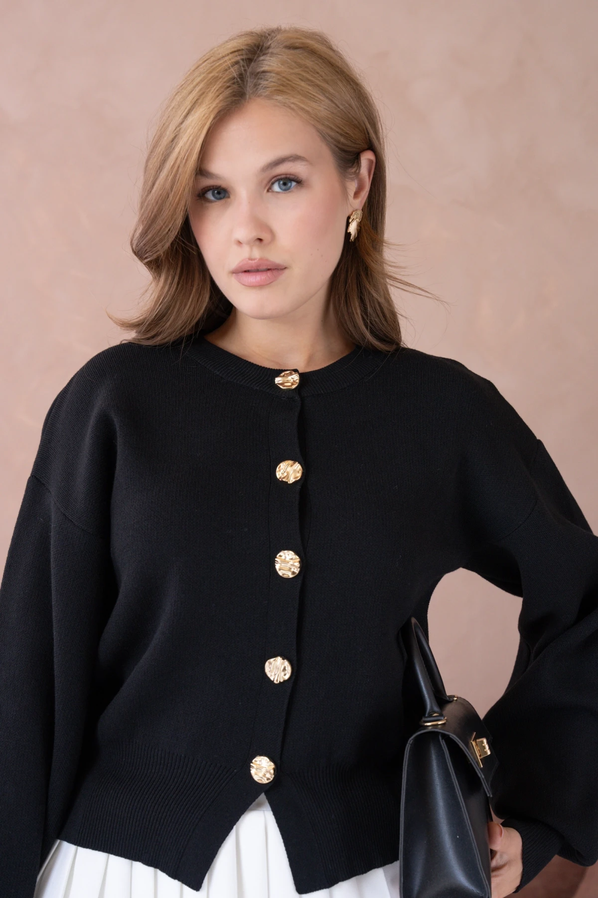 Kadın Bisiklet Yaka Düğme Detaylı Triko Hırka