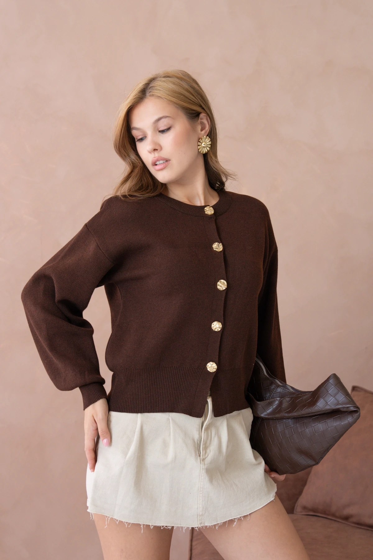 Kadın Bisiklet Yaka Düğme Detaylı Triko Hırka