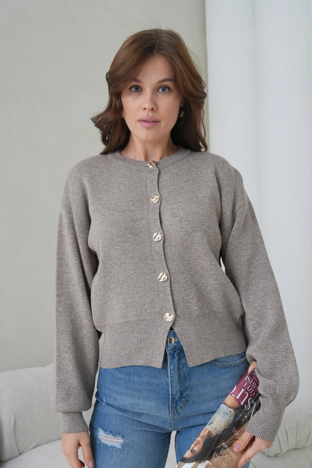 Kadın Bisiklet Yaka Düğme Detaylı Triko Hırka