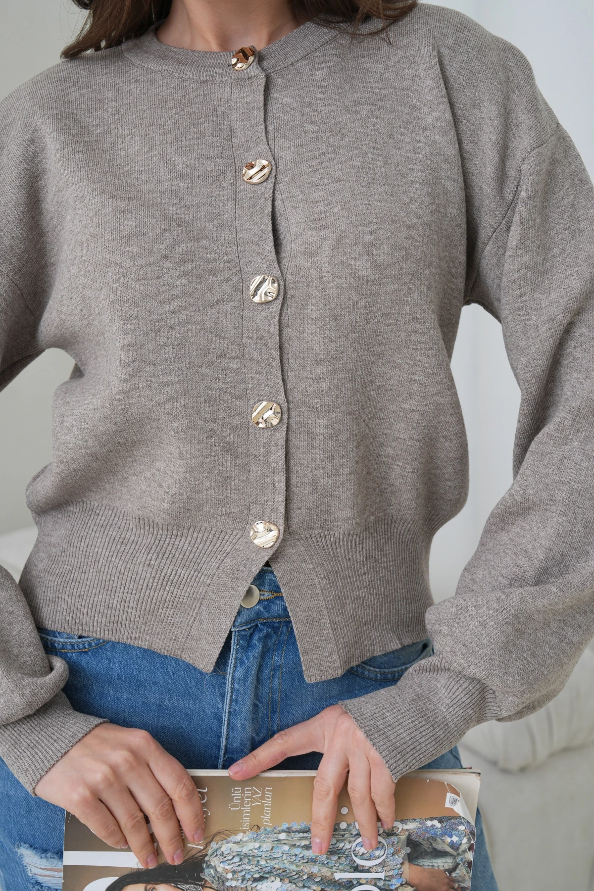 Kadın Bisiklet Yaka Düğme Detaylı Triko Hırka