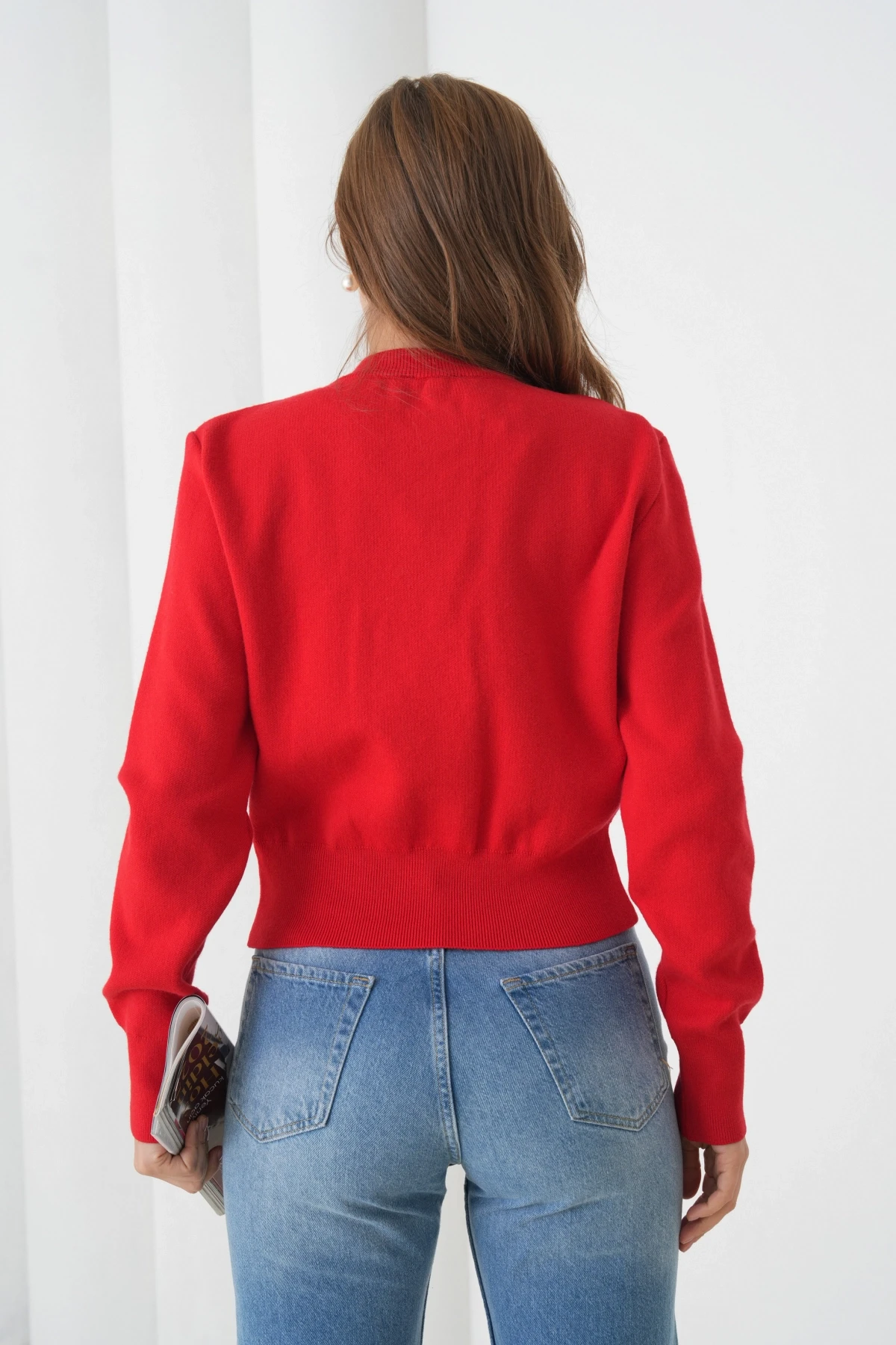 Kadın Bisiklet Yaka Düğme Detylı  Premium İplik Triko Ceket 12319.Crs