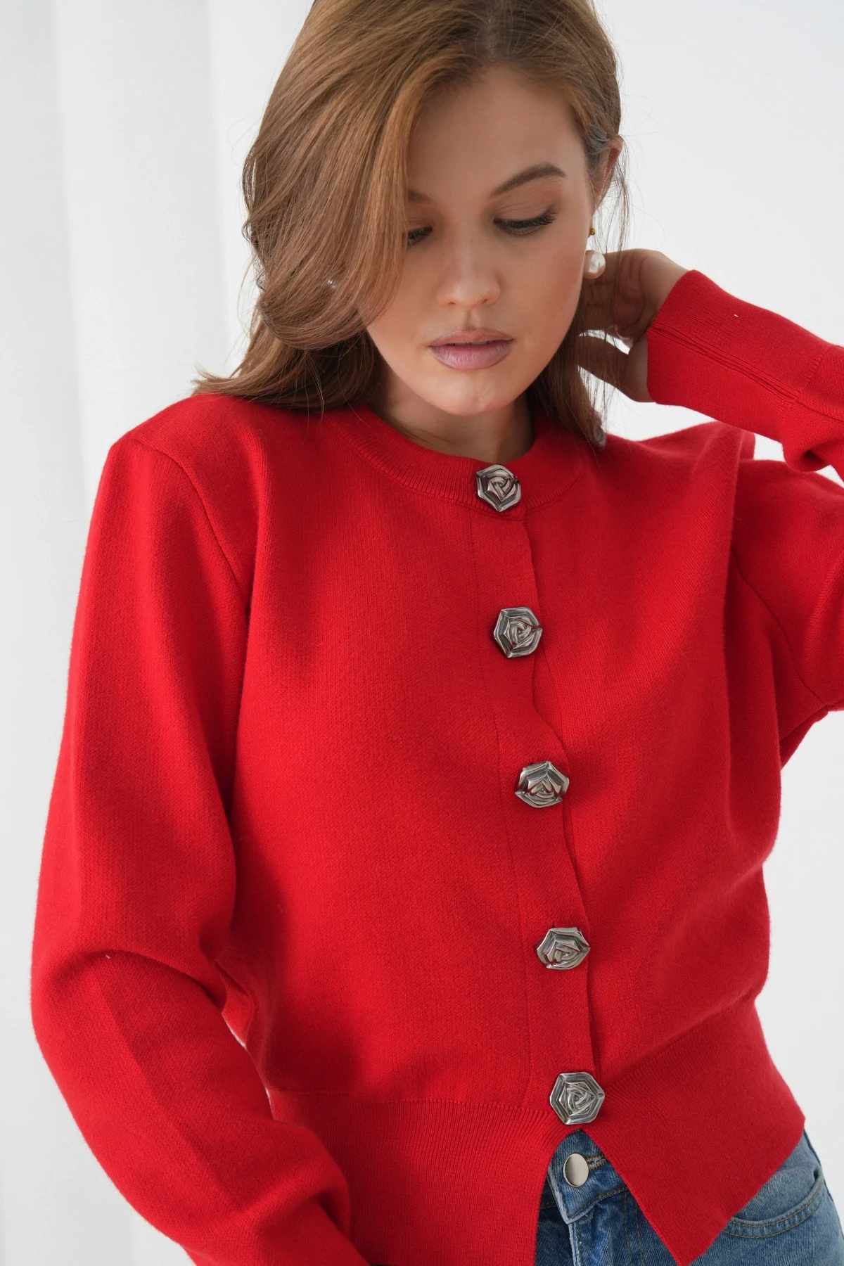 Kadın Bisiklet Yaka Düğme Detylı  Premium İplik Triko Ceket 12319.Crs