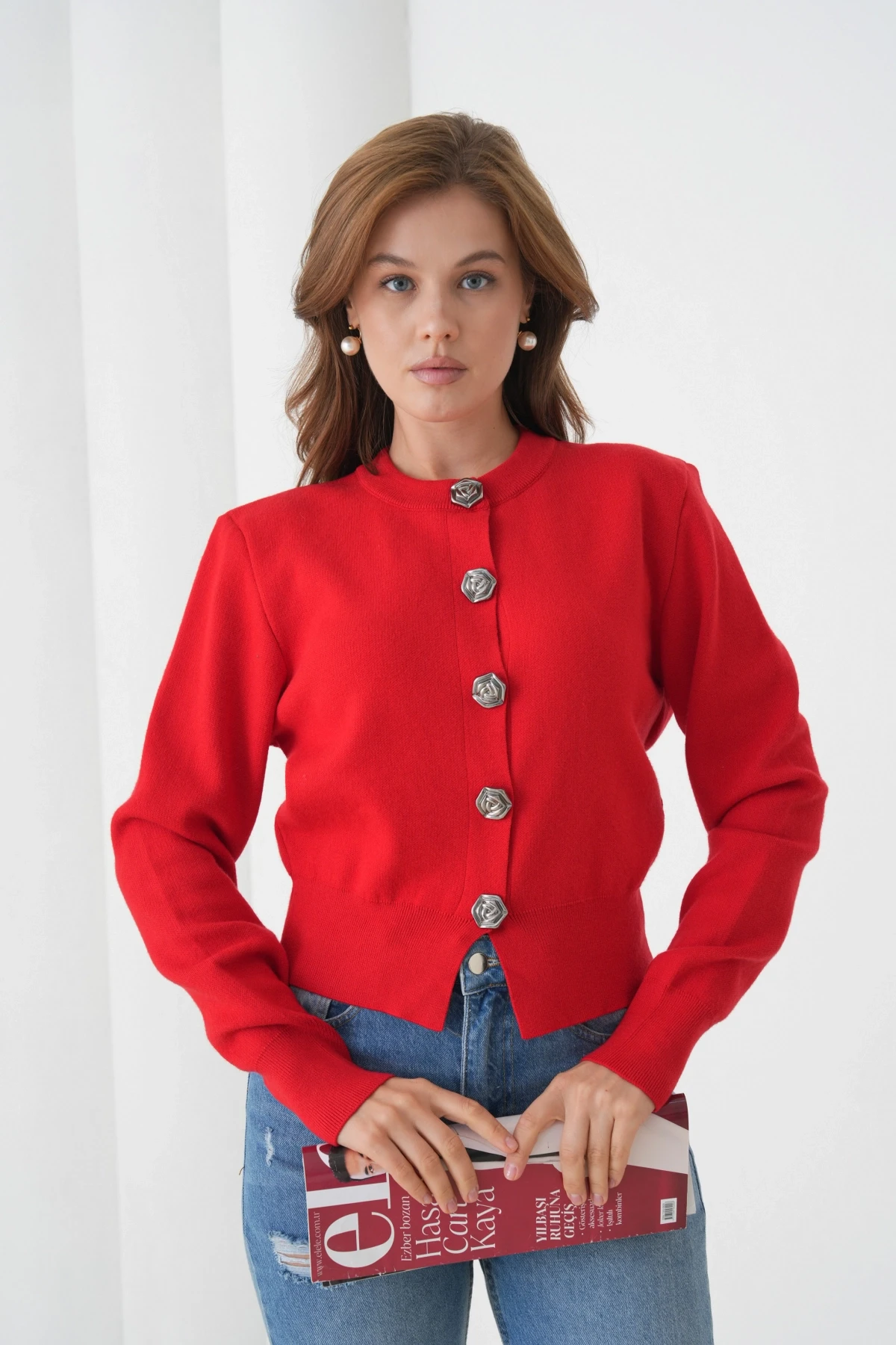 Kadın Bisiklet Yaka Düğme Detylı  Premium İplik Triko Ceket 12319.Crs