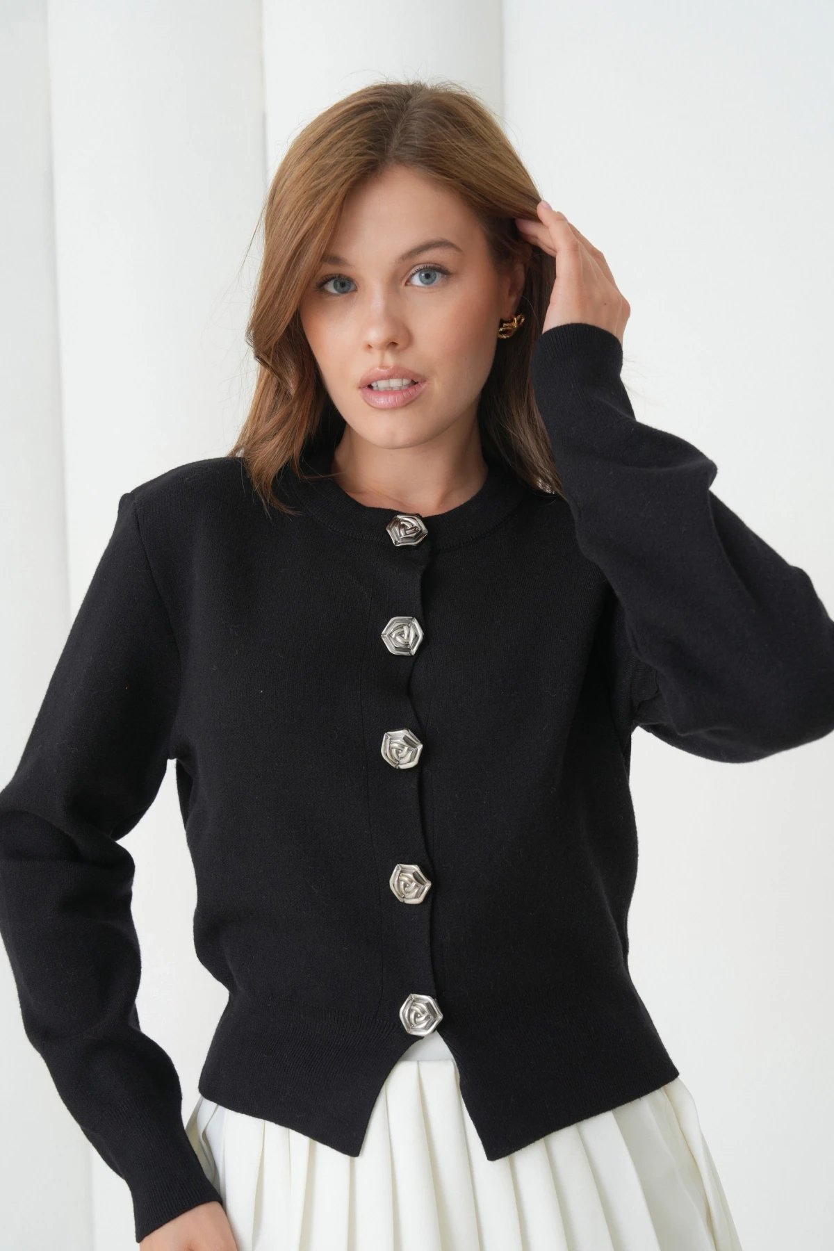 Kadın Bisiklet Yaka Düğme Detylı  Premium İplik Triko Ceket 12319.Crs