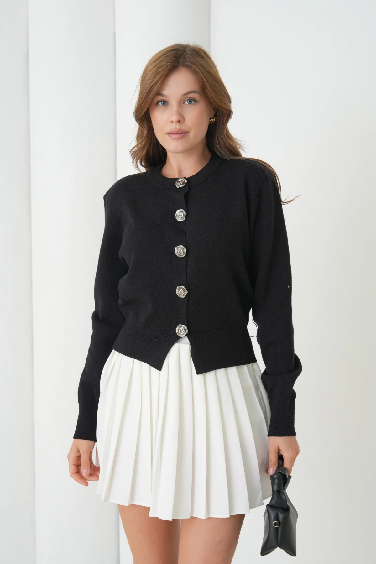 Kadın Bisiklet Yaka Düğme Detylı  Premium İplik Triko Ceket 12319.Crs