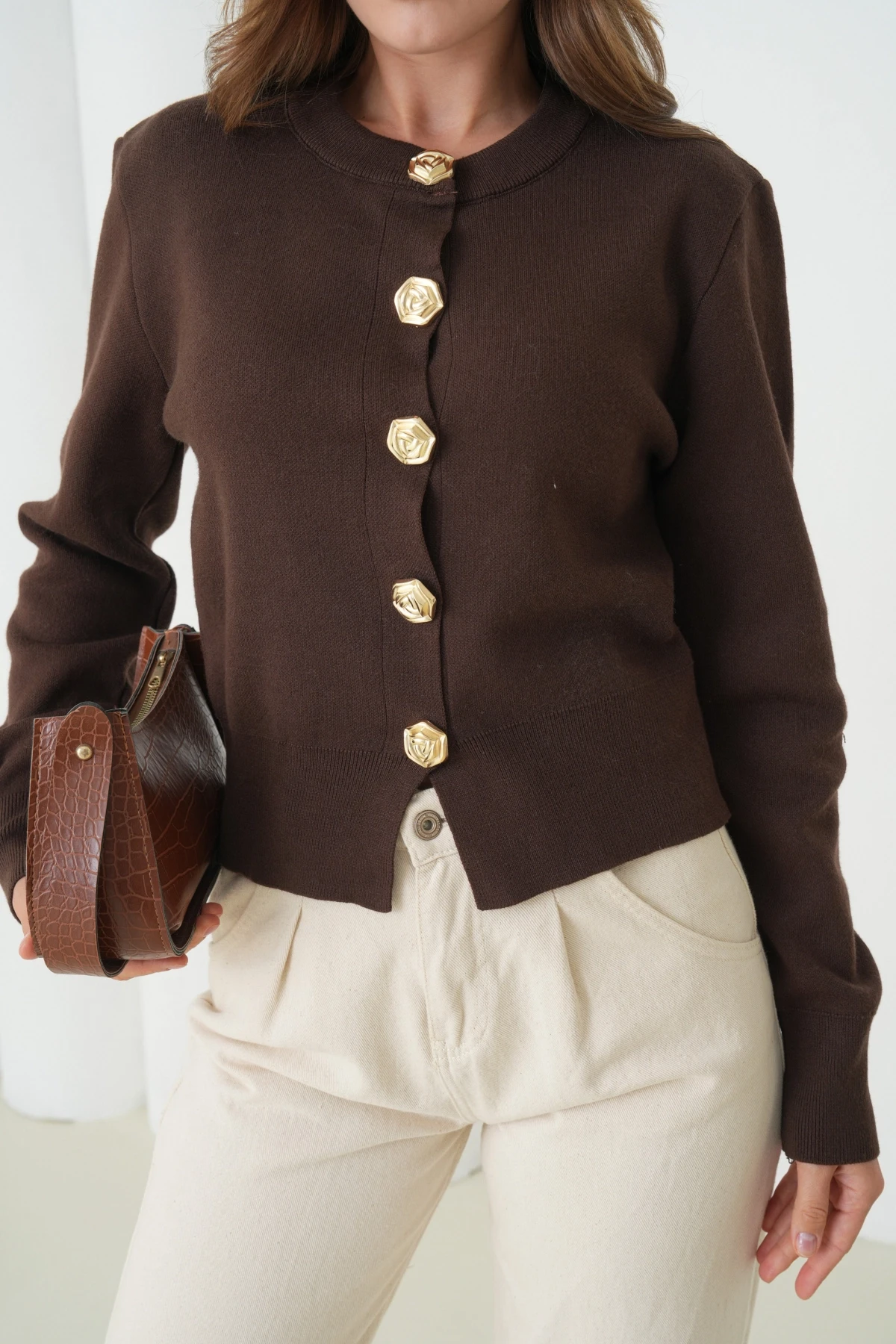 Kadın Bisiklet Yaka Düğme Detylı  Premium İplik Triko Ceket 12319.Crs