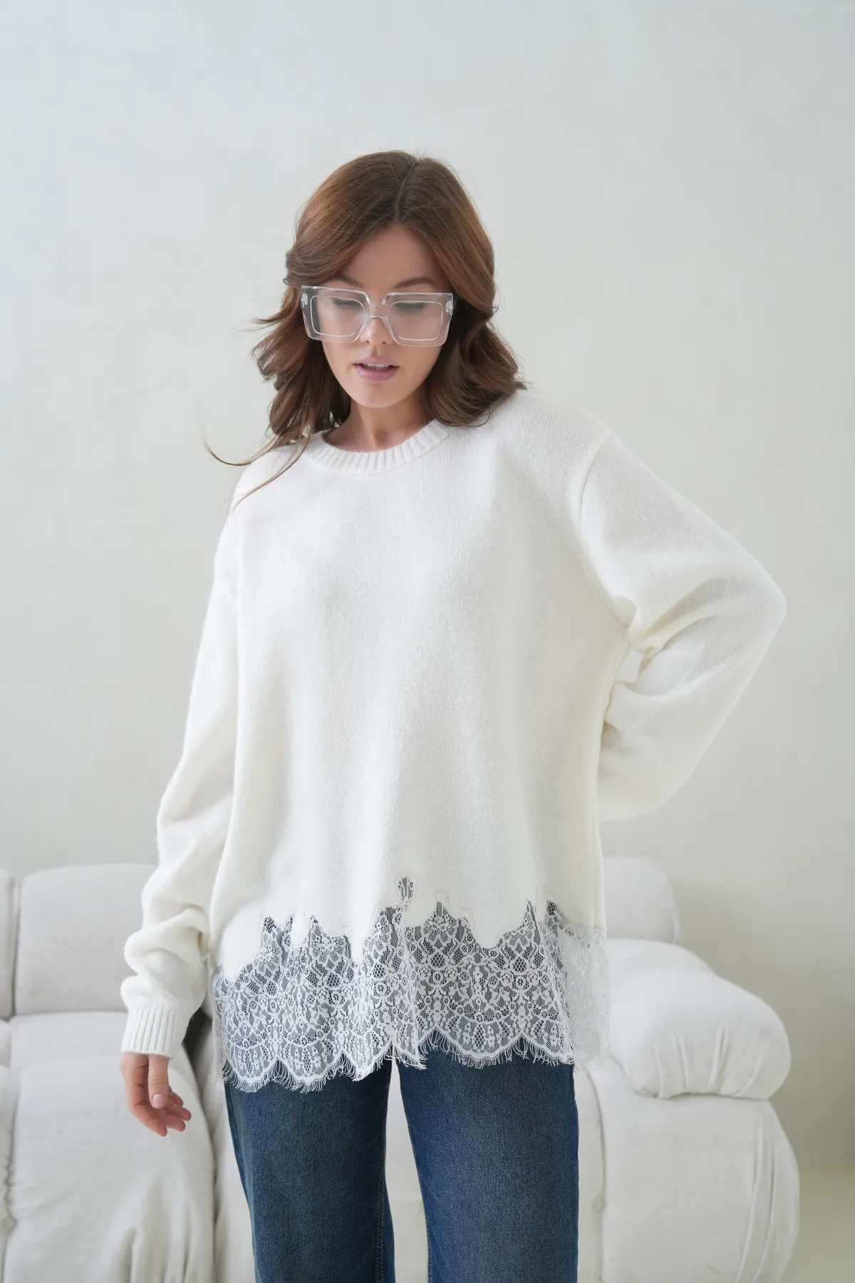 Kadın Bisiklet Yaka Düşük Kol Etek Ucu Dantelli Triko Kazak 8706