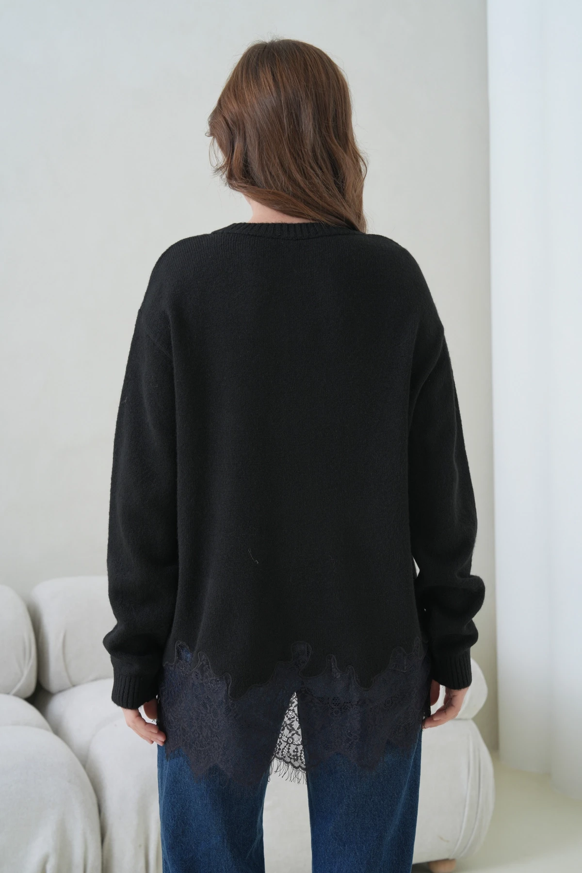 Kadın Bisiklet Yaka Düşük Kol Etek Ucu Dantelli Triko Kazak 8706