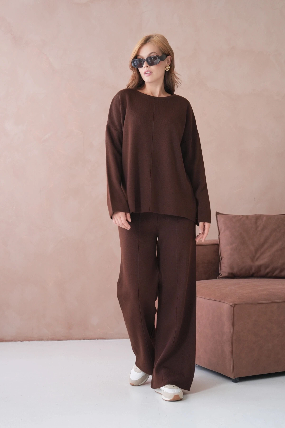 Kadın Bisiklet Yaka Düşük Kol Kazak Pantolon İkili Triko Takım