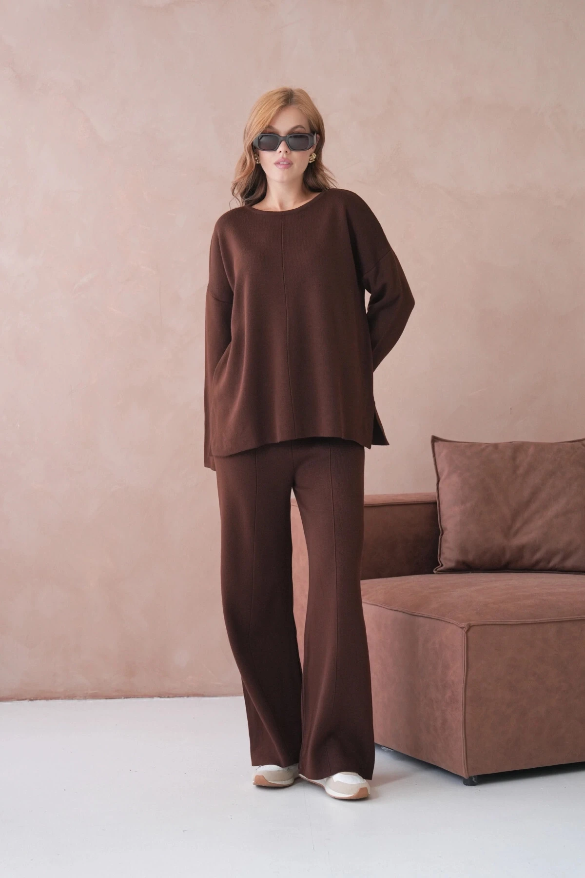 Kadın Bisiklet Yaka Düşük Kol Kazak Pantolon İkili Triko Takım