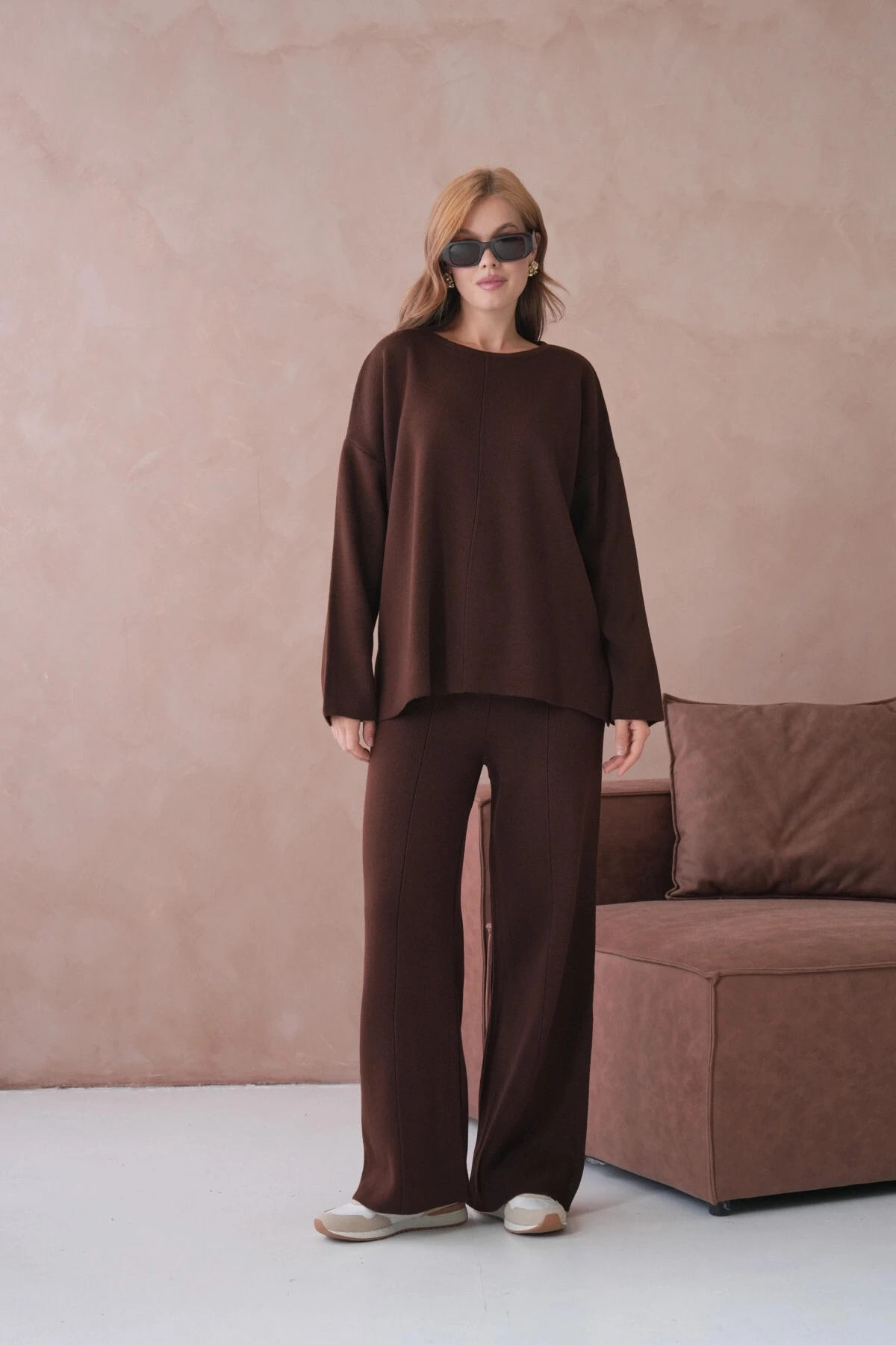 Kadın Bisiklet Yaka Düşük Kol Kazak Pantolon İkili Triko Takım