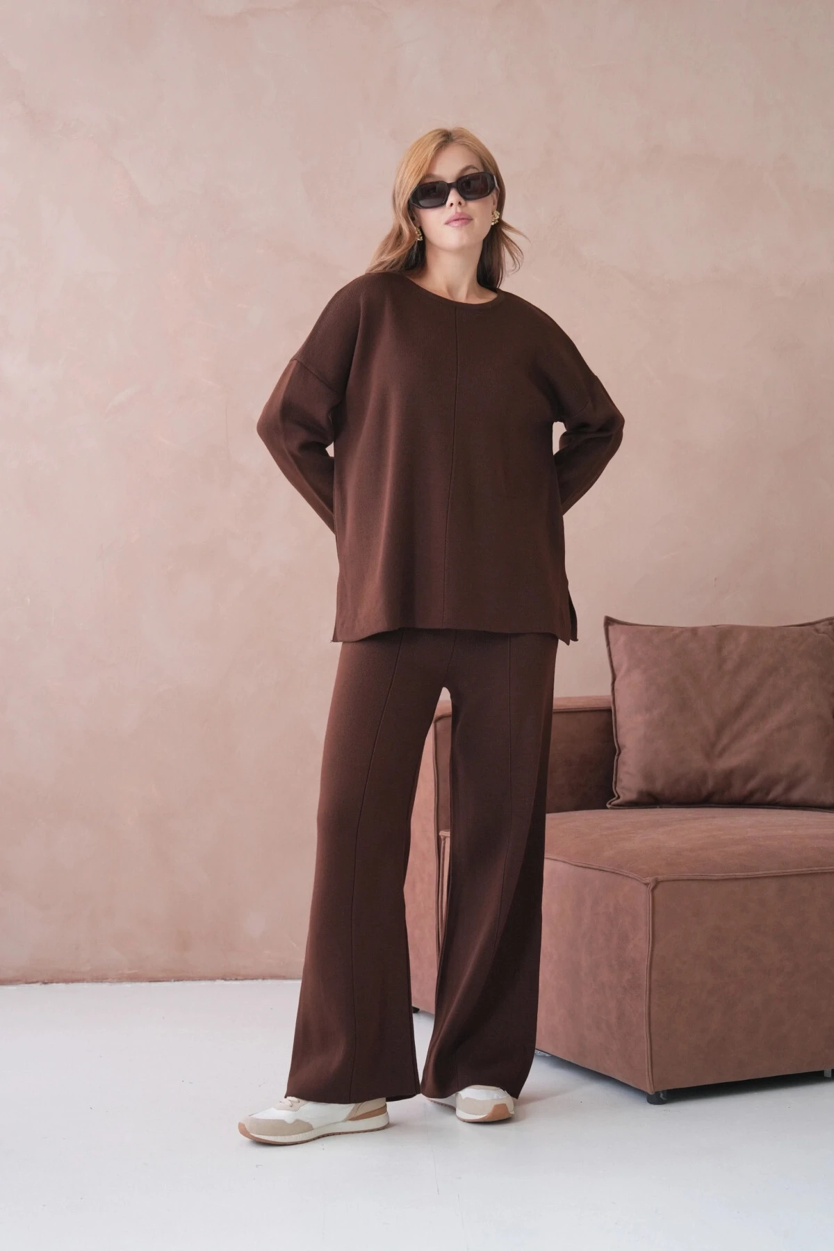 Kadın Bisiklet Yaka Düşük Kol Kazak Pantolon İkili Triko Takım