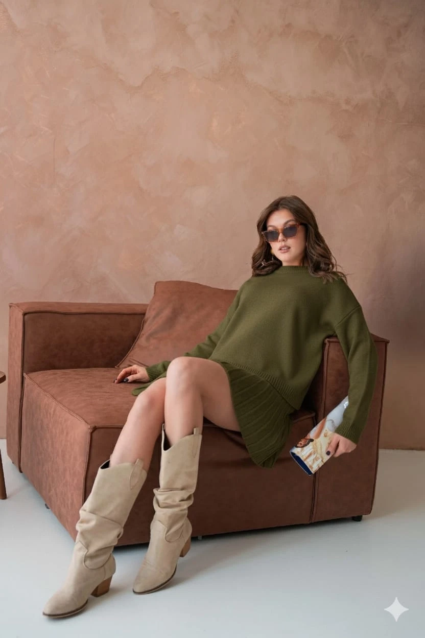 Kadın Bisiklet Yaka Etekli İkili Triko Takım