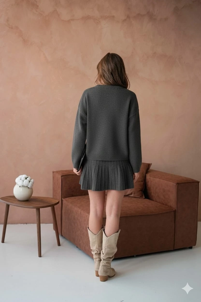 Kadın Bisiklet Yaka Etekli İkili Triko Takım