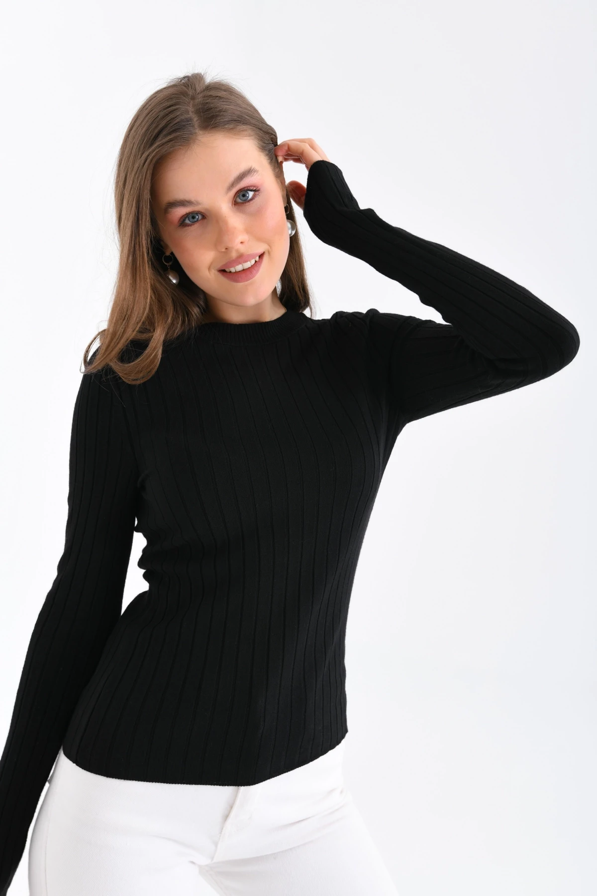 Kadın Bisiklet Yaka Fitilli Premium İplik Triko Kazak 224324