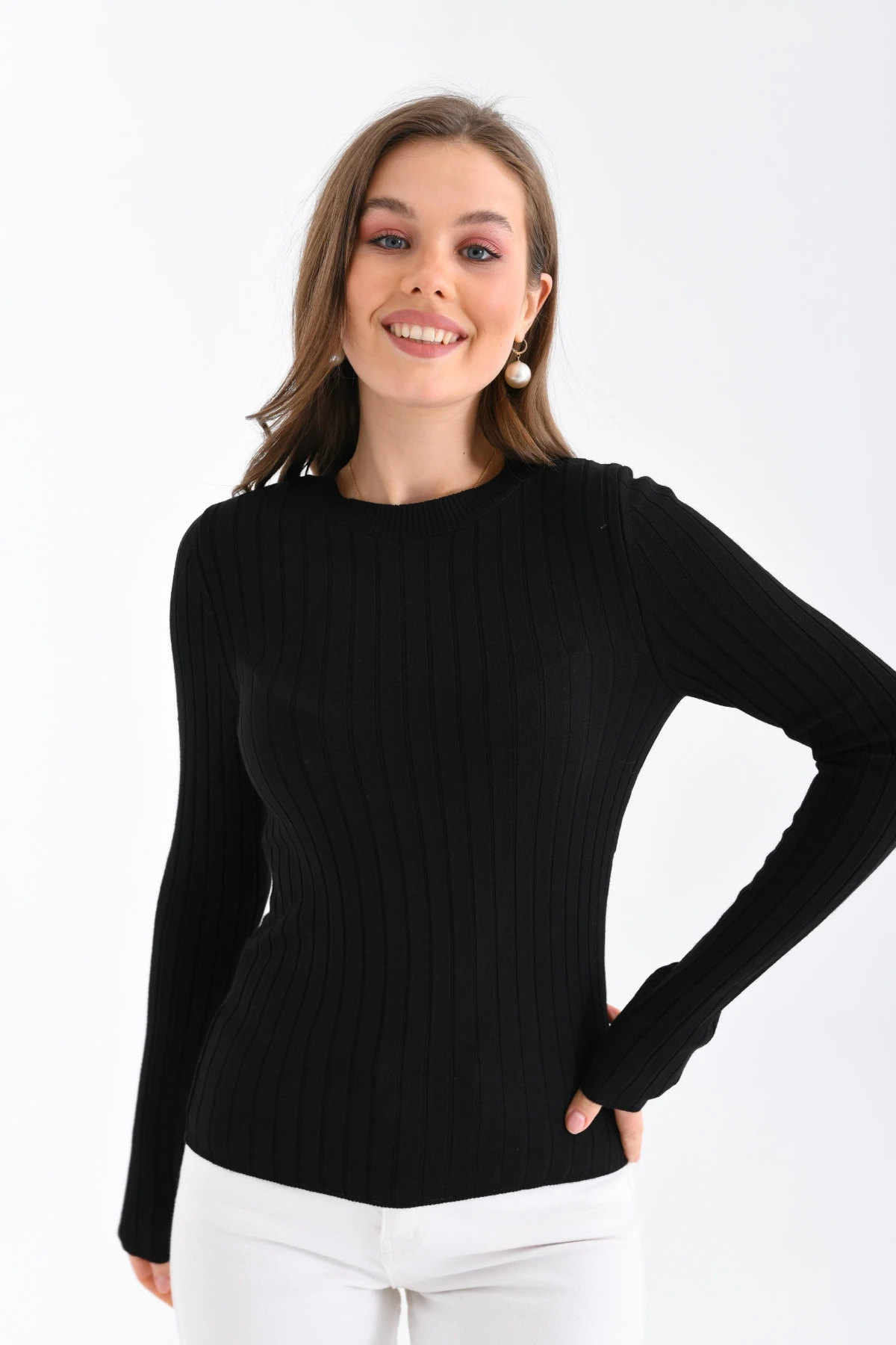 Kadın Bisiklet Yaka Fitilli Premium İplik Triko Kazak 224324