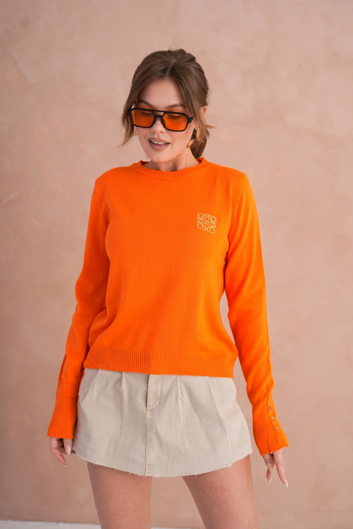 Kadın Bisiklet Yaka  Fitilli Süs Düğmeli Basic Triko  Kazak 224294