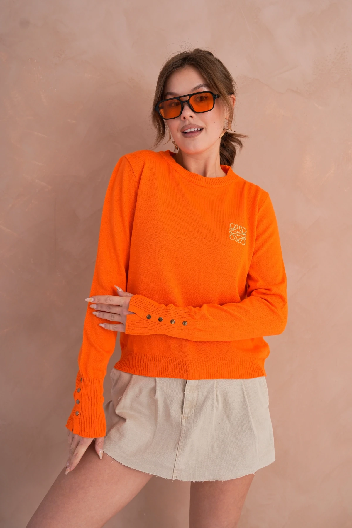 Kadın Bisiklet Yaka  Fitilli Süs Düğmeli Basic Triko  Kazak 224294