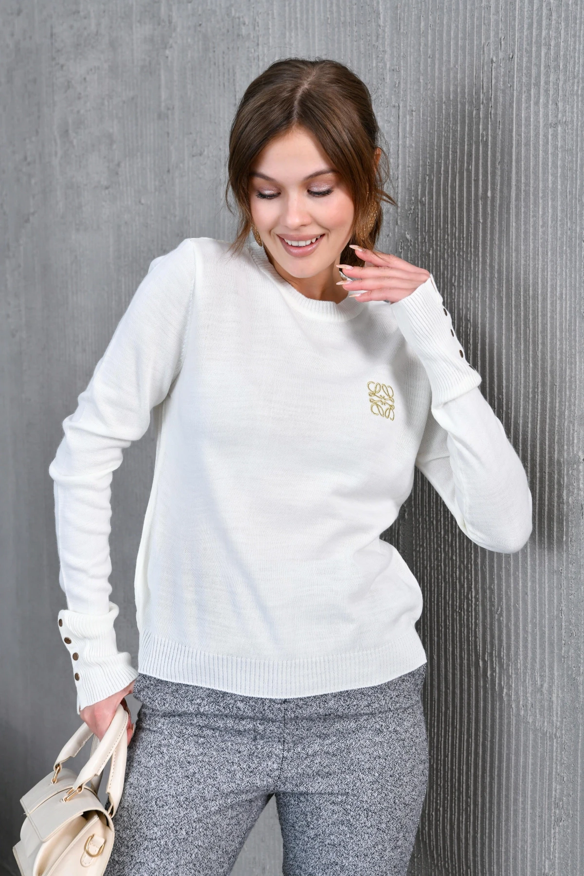 Kadın Bisiklet Yaka  Fitilli Süs Düğmeli Basic Triko  Kazak 224294