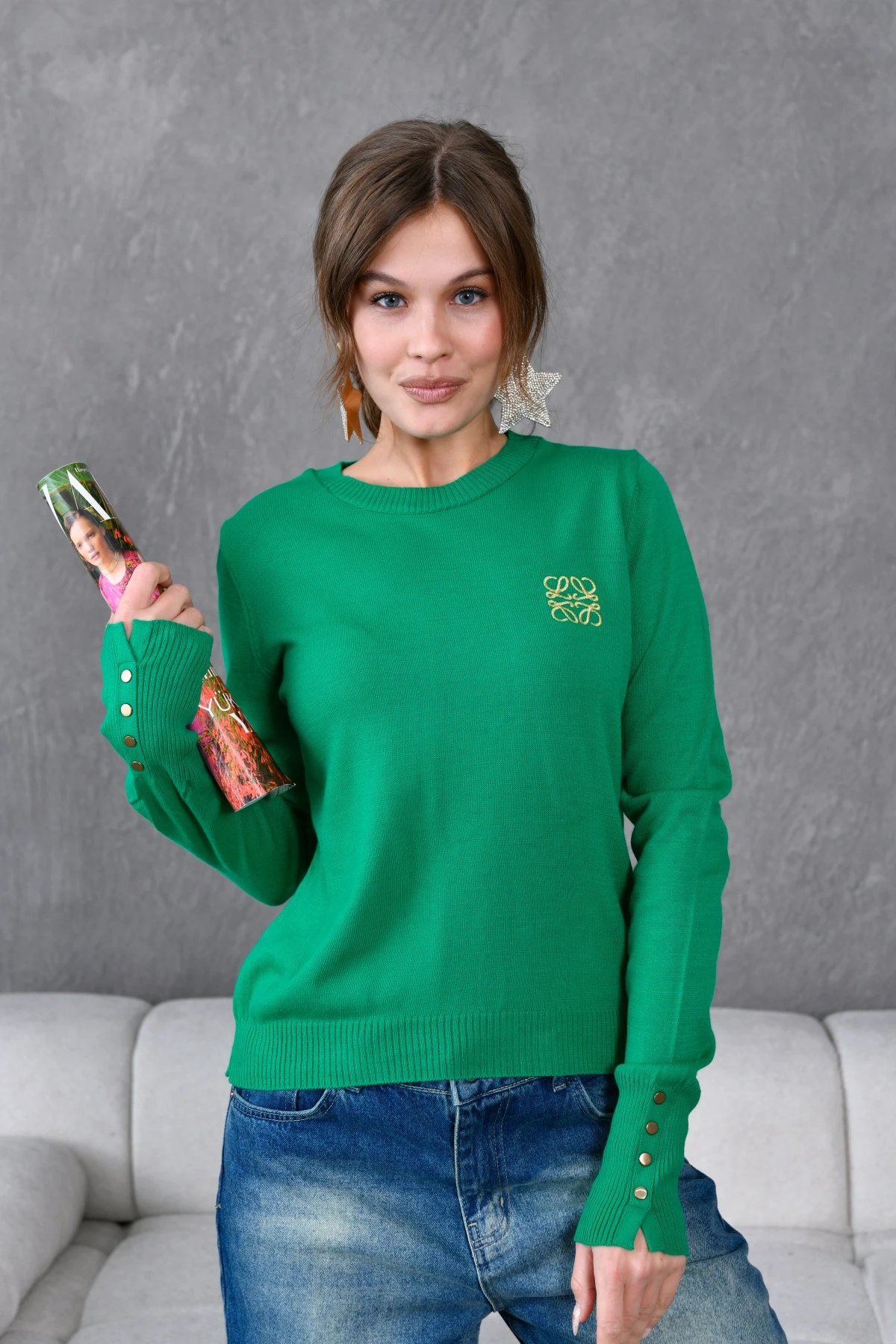 Kadın Bisiklet Yaka  Fitilli Süs Düğmeli Basic Triko  Kazak 224294