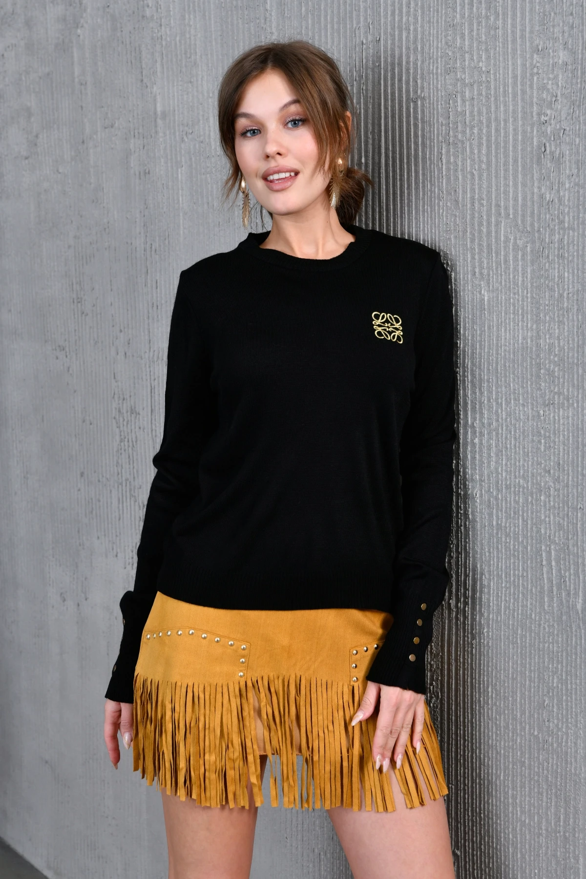 Kadın Bisiklet Yaka  Fitilli Süs Düğmeli Basic Triko  Kazak 224294